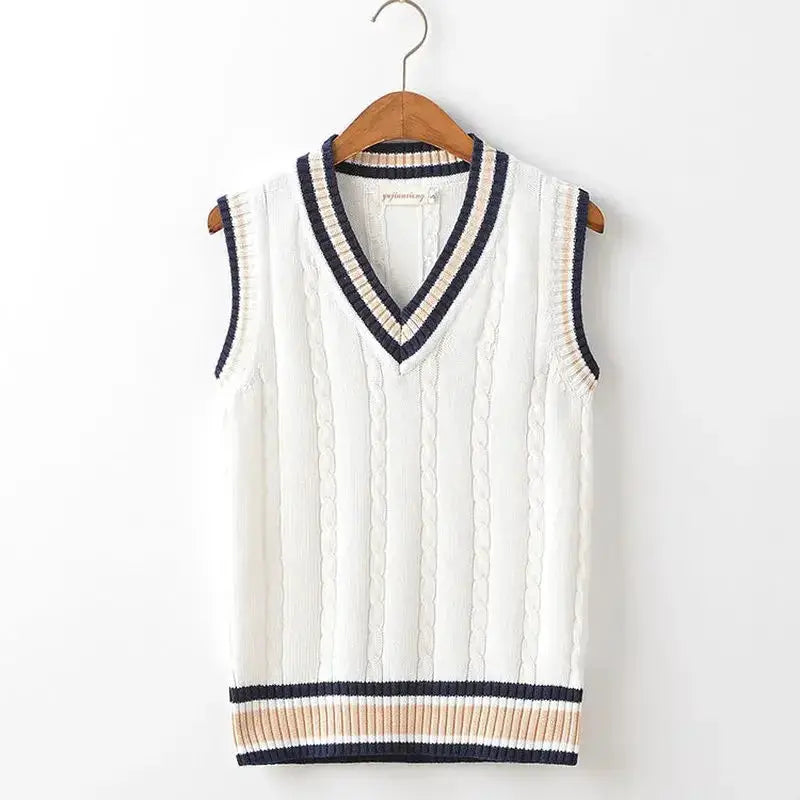 Simples Market men's white knitted sleeveless sweater vest with V-neck, navy/beige striped trim and ribbed hem.