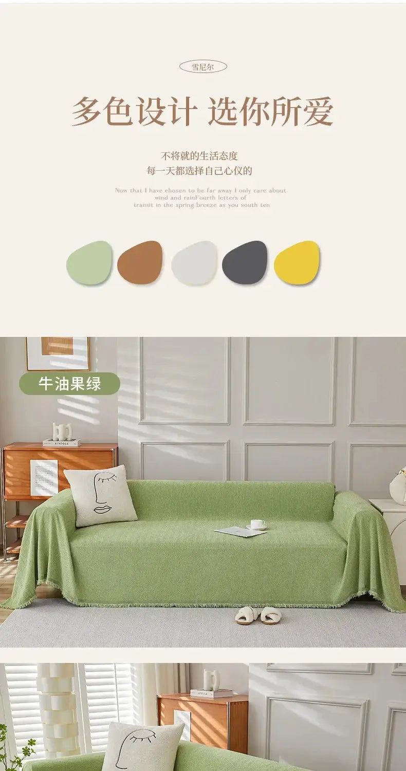 Couch cover by Simples Market in sage green chenille with fringe; heavyweight, cozy throw shown with 5 color swatches.