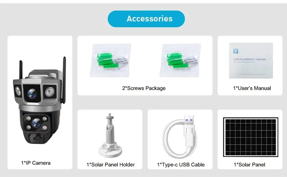 Gray V380 Pro IP camera with solar WiFi; accessories: camera, screws, manual, panel holder, USB-C cable, solar panel