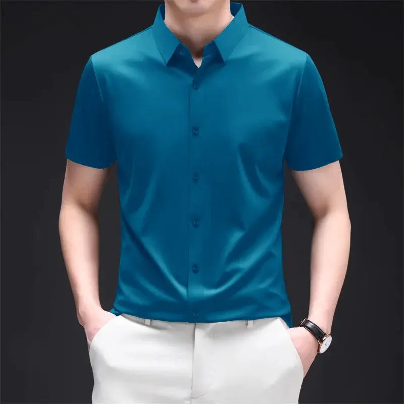 Mens Business Casual Short Sleeved Solid Color Shirt Wrinkle Resistant Wrinkle Free Comfortable All Season Versatile Top