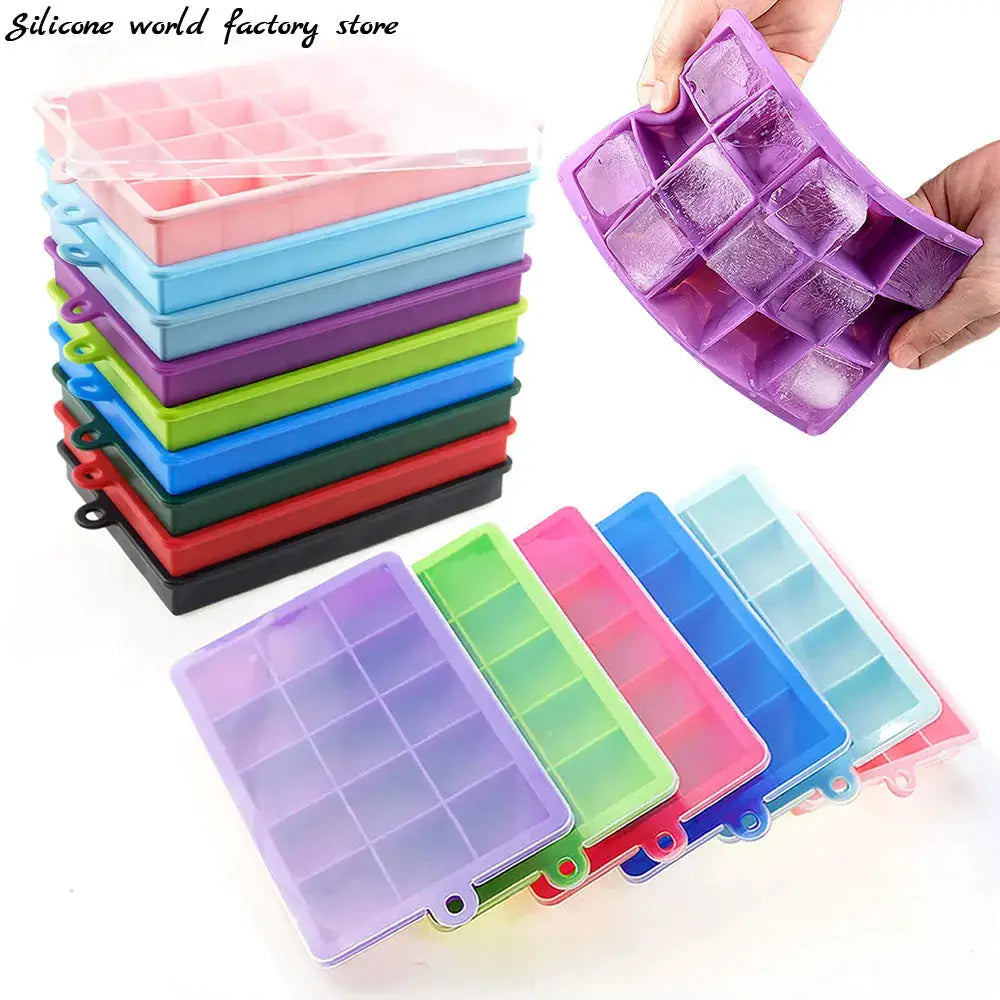 Silicone ice cube mold set, Simples Market, 24-grid square trays with lids, stackable in bright color assortment.