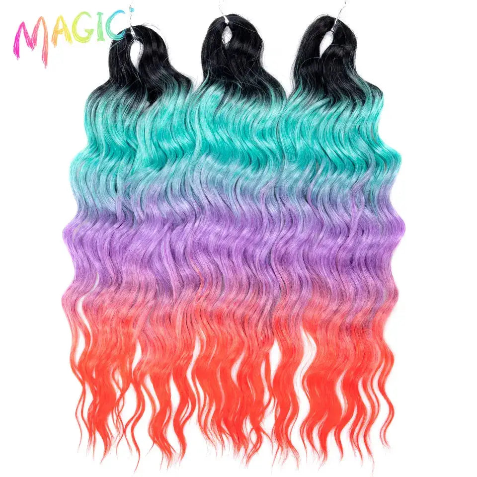 Anna synthetic hair extensions, 3 bundles of 24in water wave braiding hair in ombre rainbow colors.
