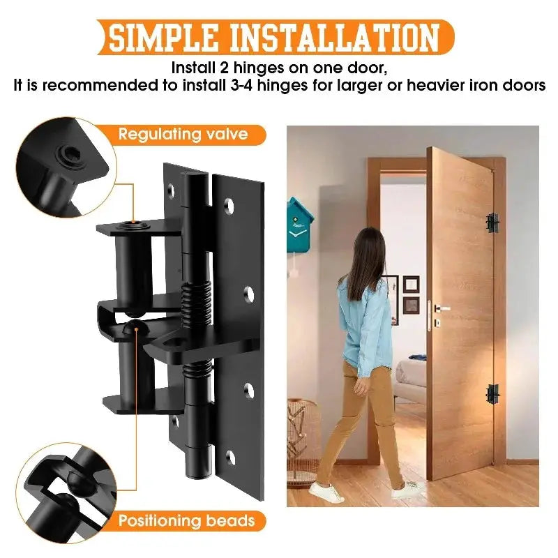Simples Market 3-in-1 automatic self-closing door hinge, black metal; shown beside a wooden door.