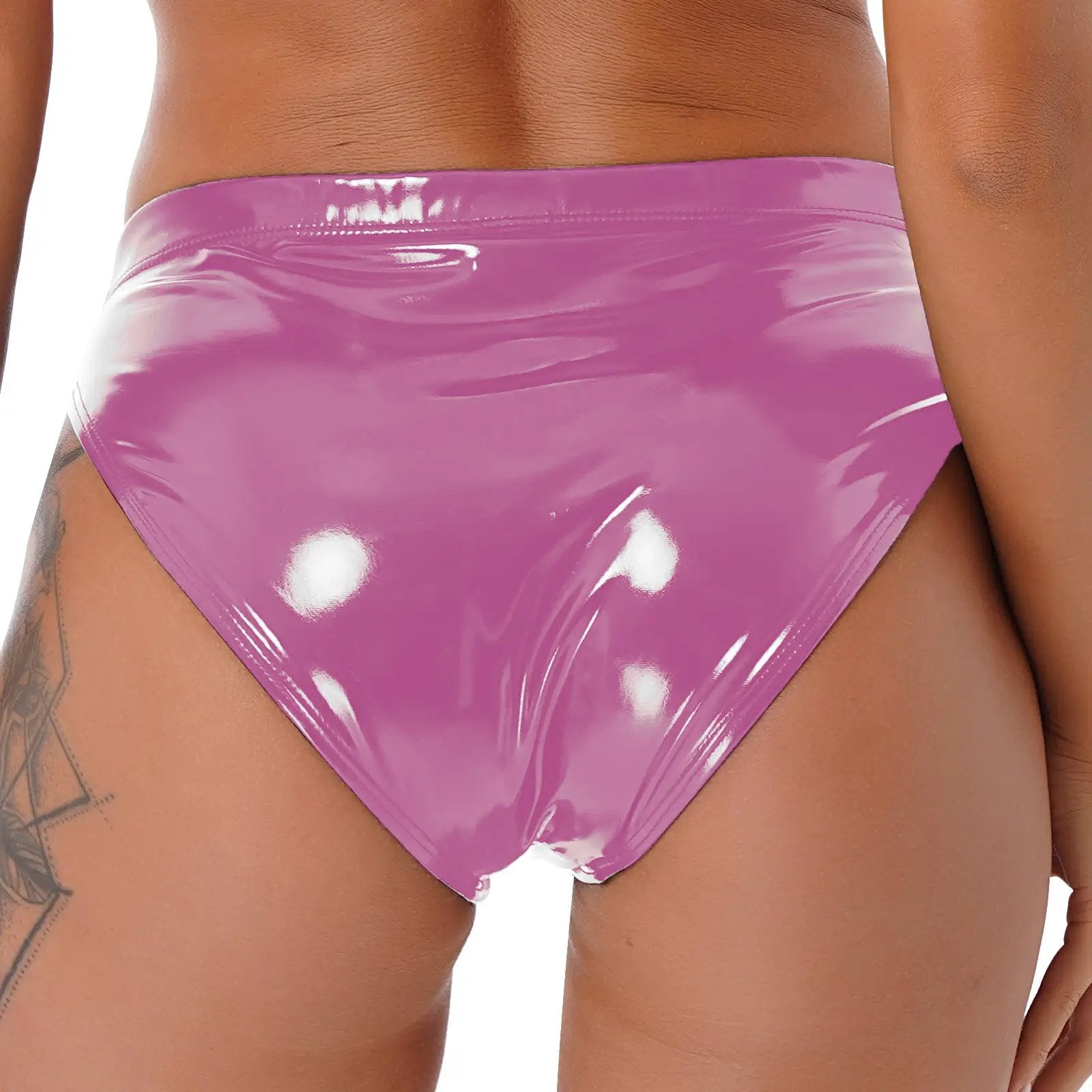 Womens wet-look patent leather briefs in pink-purple, low-waist bikini shorts