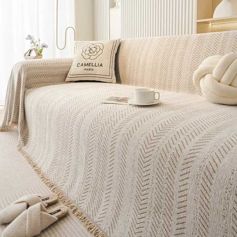 Beige home sofa cover for 3-seater with fishbone pattern, anti-cat-scratching, non-slip, stain resistant