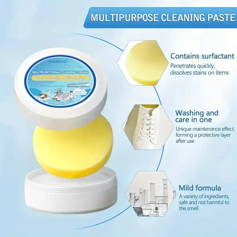White shoe cleaner paste for faux leather and shoes; multi-purpose whitening and stain remover.