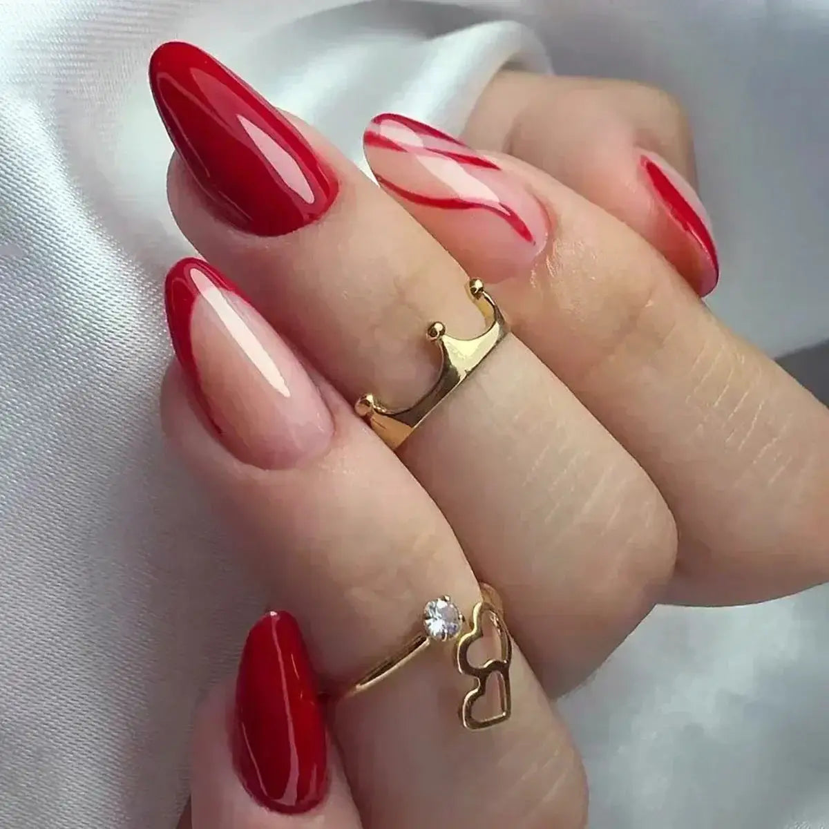 Glamora French Almond False Nails 24 Piece Press On Stiletto Tips With White Edge Design Glue Included For Wearable Glam