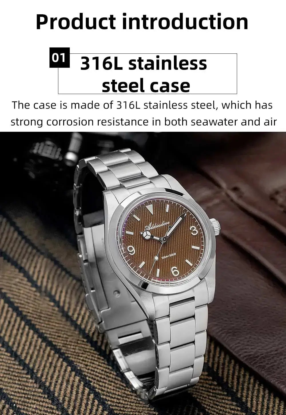 Addiesdive men's analog watch with stainless steel bracelet, brown textured dial, luminous hands, 100m water resistant