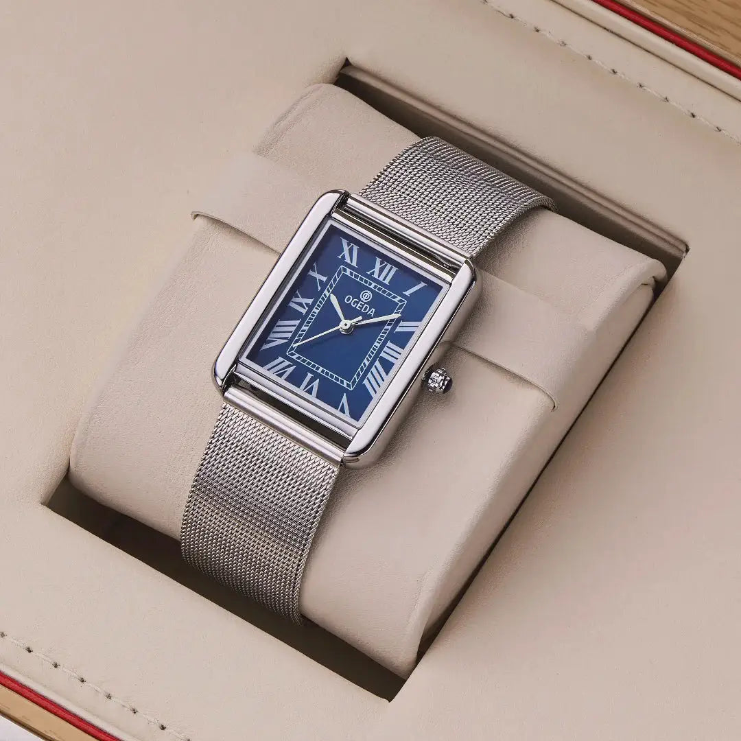 OGEDA waterproof couple watch with blue square dial and stainless steel mesh strap