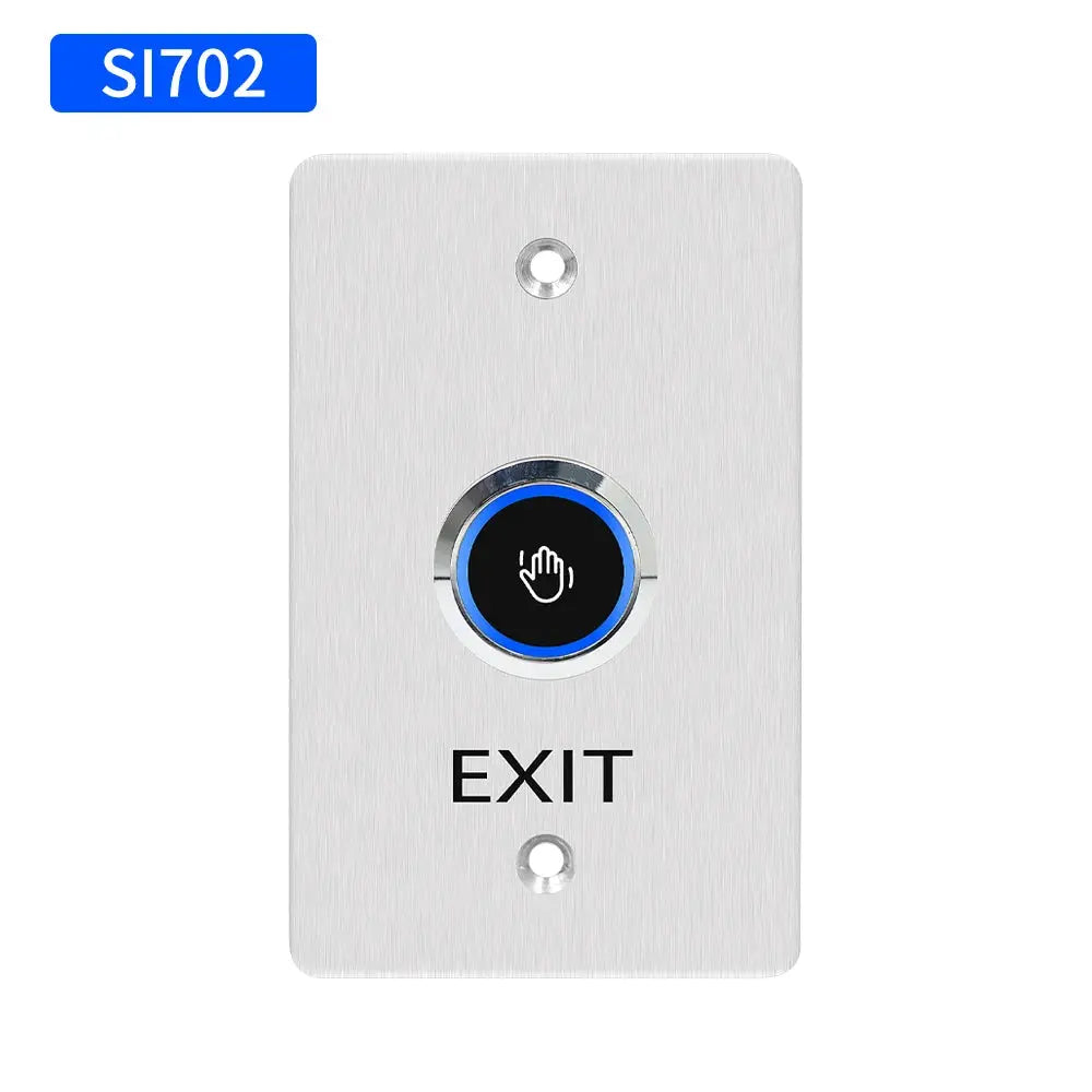 Infrared no-touch exit button plate with brushed stainless steel finish and blue LED ring