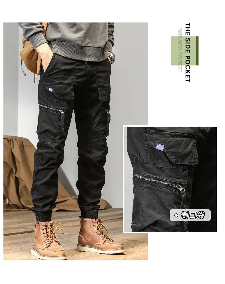 CAAYU men's cargo joggers in black with multiple pockets and zip side pockets