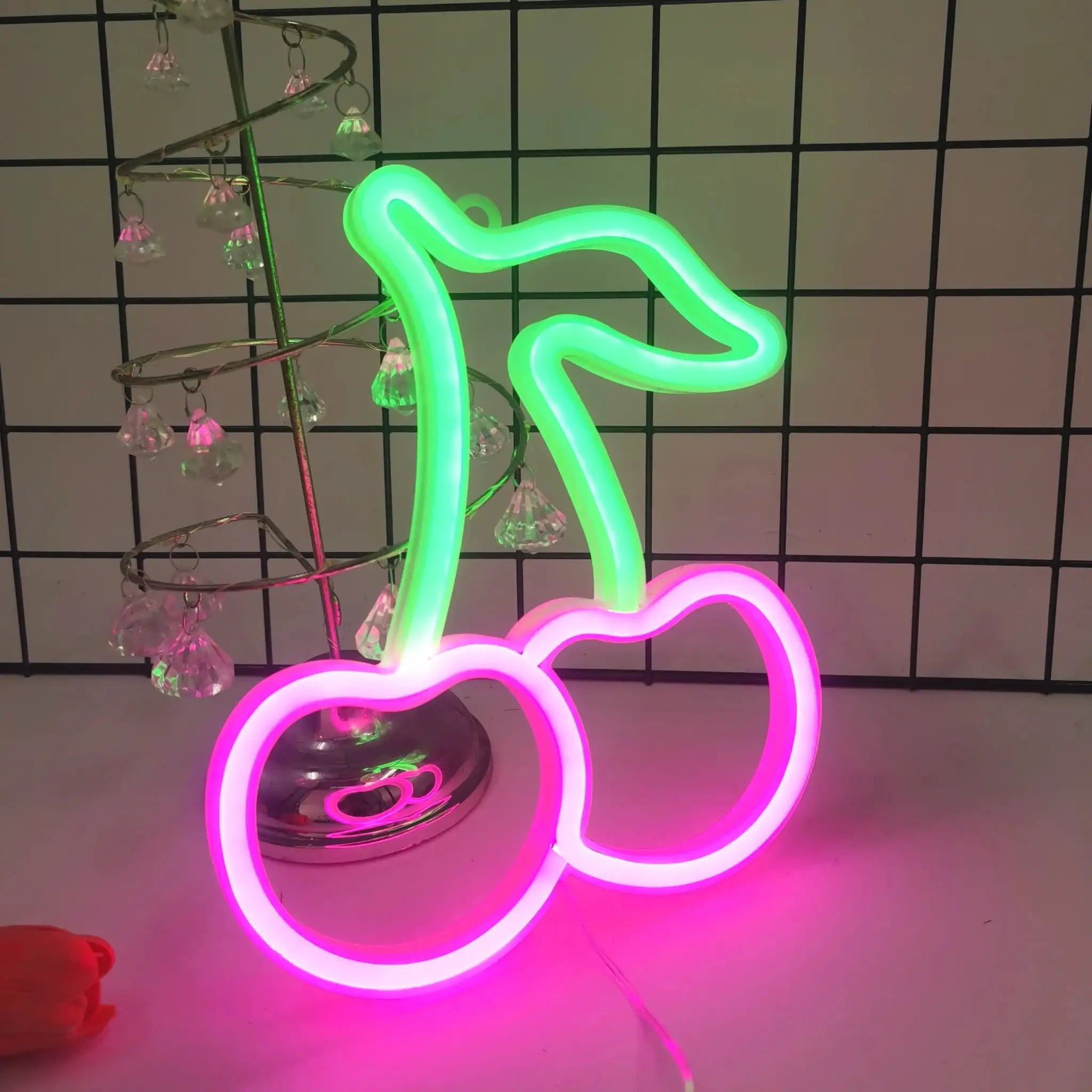 Cute cherry neon LED logo sign in green and pink, USB/battery powered, by Simples Market