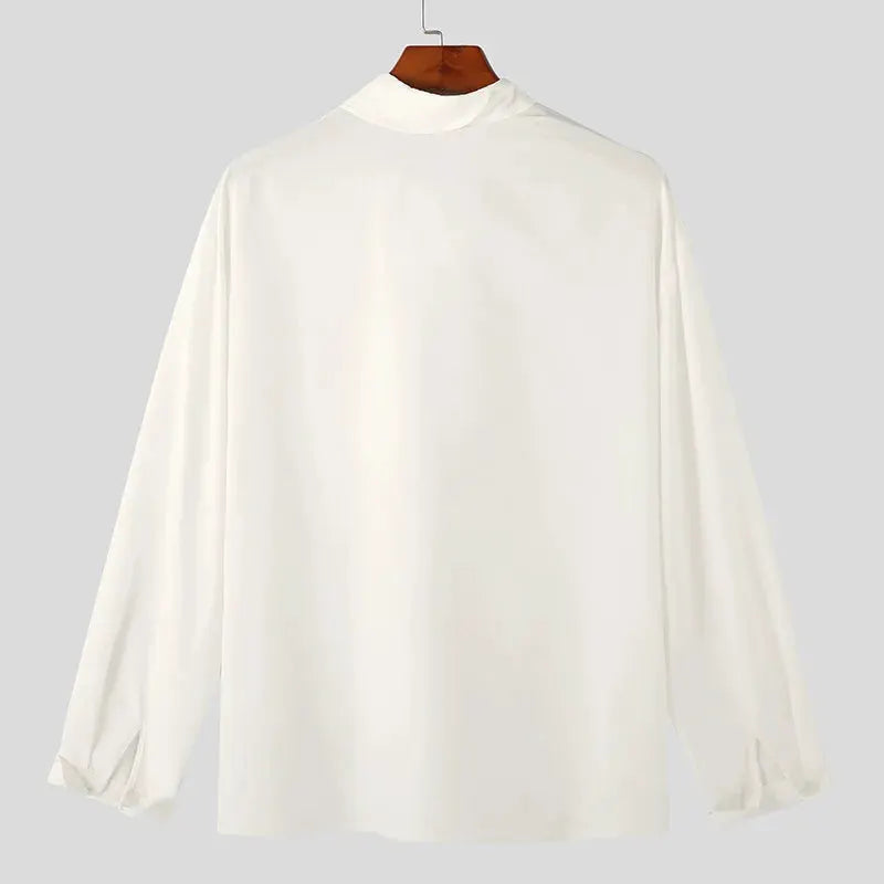 Irregular Design Buckle Lapel Shirt for Men, white long-sleeve loose top by Simples Market