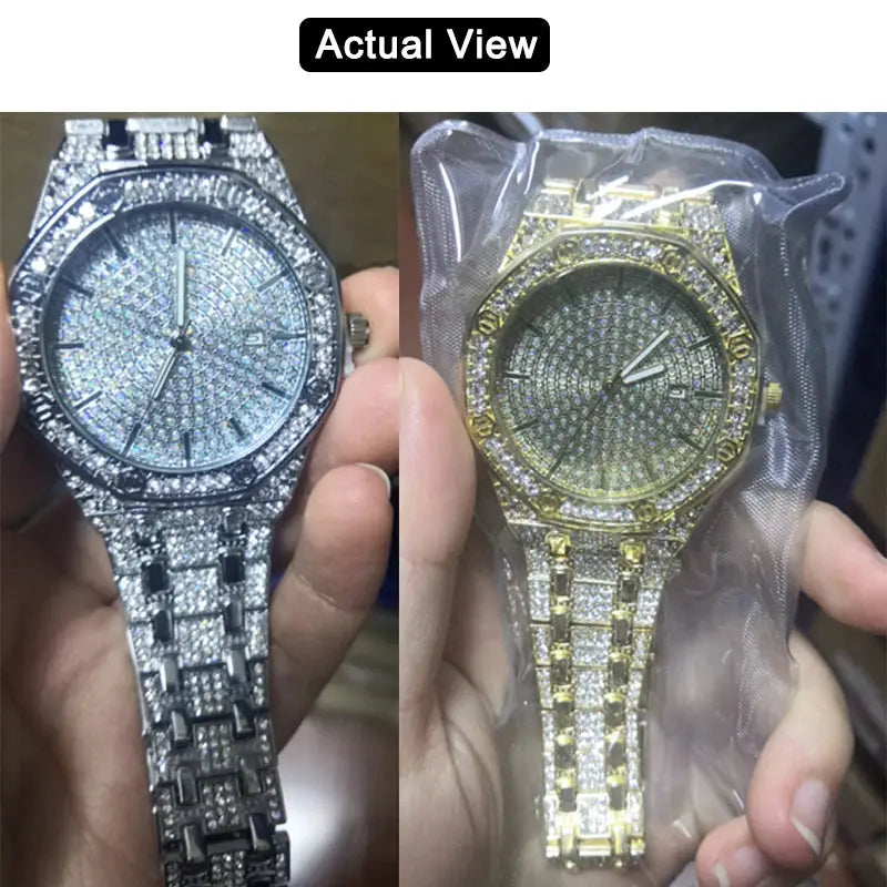 HypeLux Iced Out Mens Gold Watch With 18K Gold Nano Vacuum Plated Finish And Quartz Movement