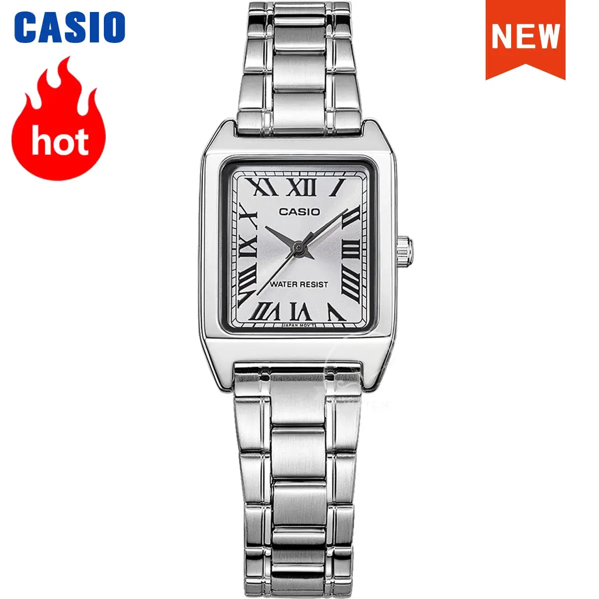 Casio ladies stainless steel quartz watch with rectangular tonneau case, Roman numerals, water resistant
