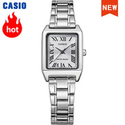 Casio ladies stainless steel quartz watch with rectangular tonneau case, Roman numerals, water resistant