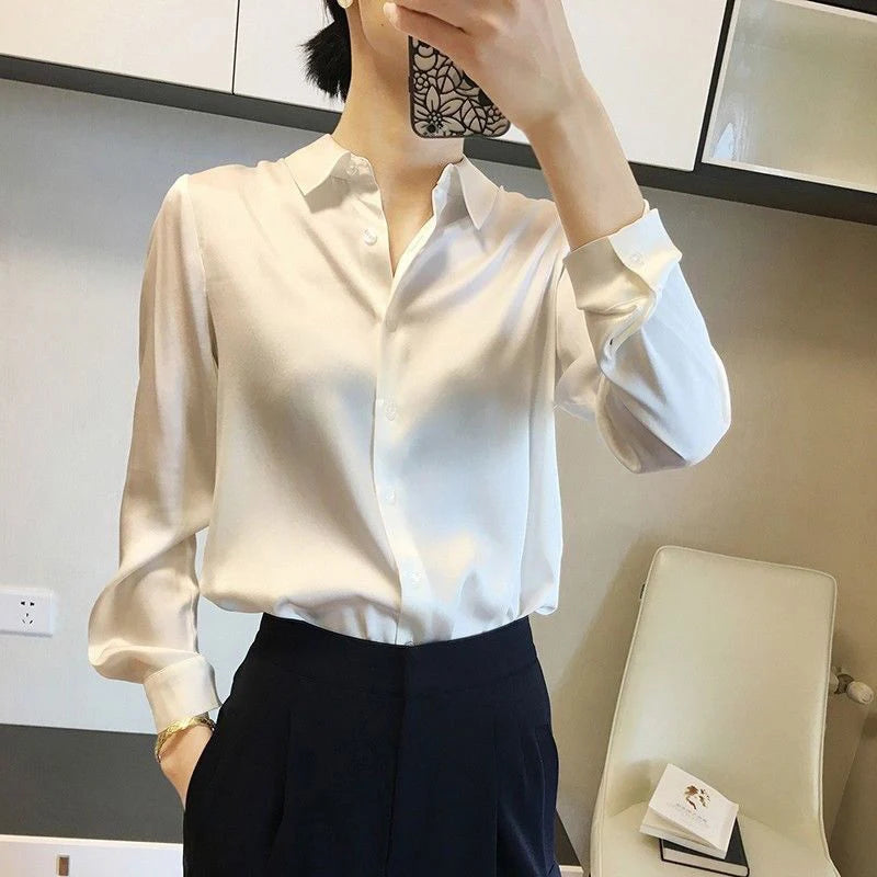 All Match Satin Finish Blouse For Women Turn Down Collar Three Quarter Sleeves Office And Casual Wear