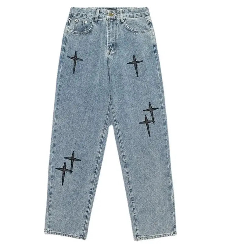 Men's light-wash denim jeans, straight loose-fit with black star embroidery