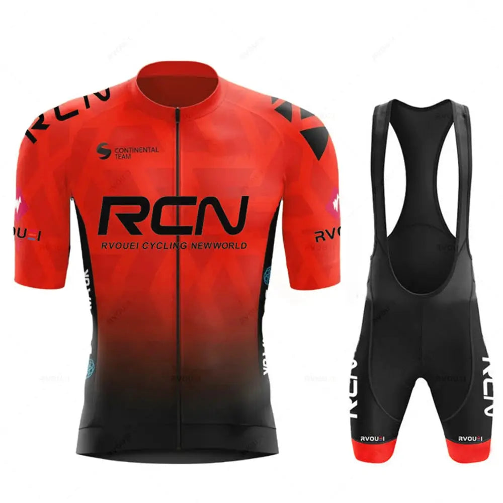 2-piece cycling jersey and bib shorts set in red-to-black gradient; breathable summer road bike kit.