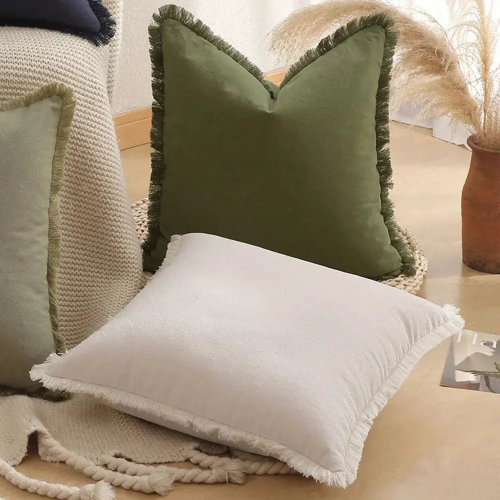 Boho green throw pillow cover with tassel fringe for sofa decor, breathable Nordic cushion 30x50/45x45/50x50