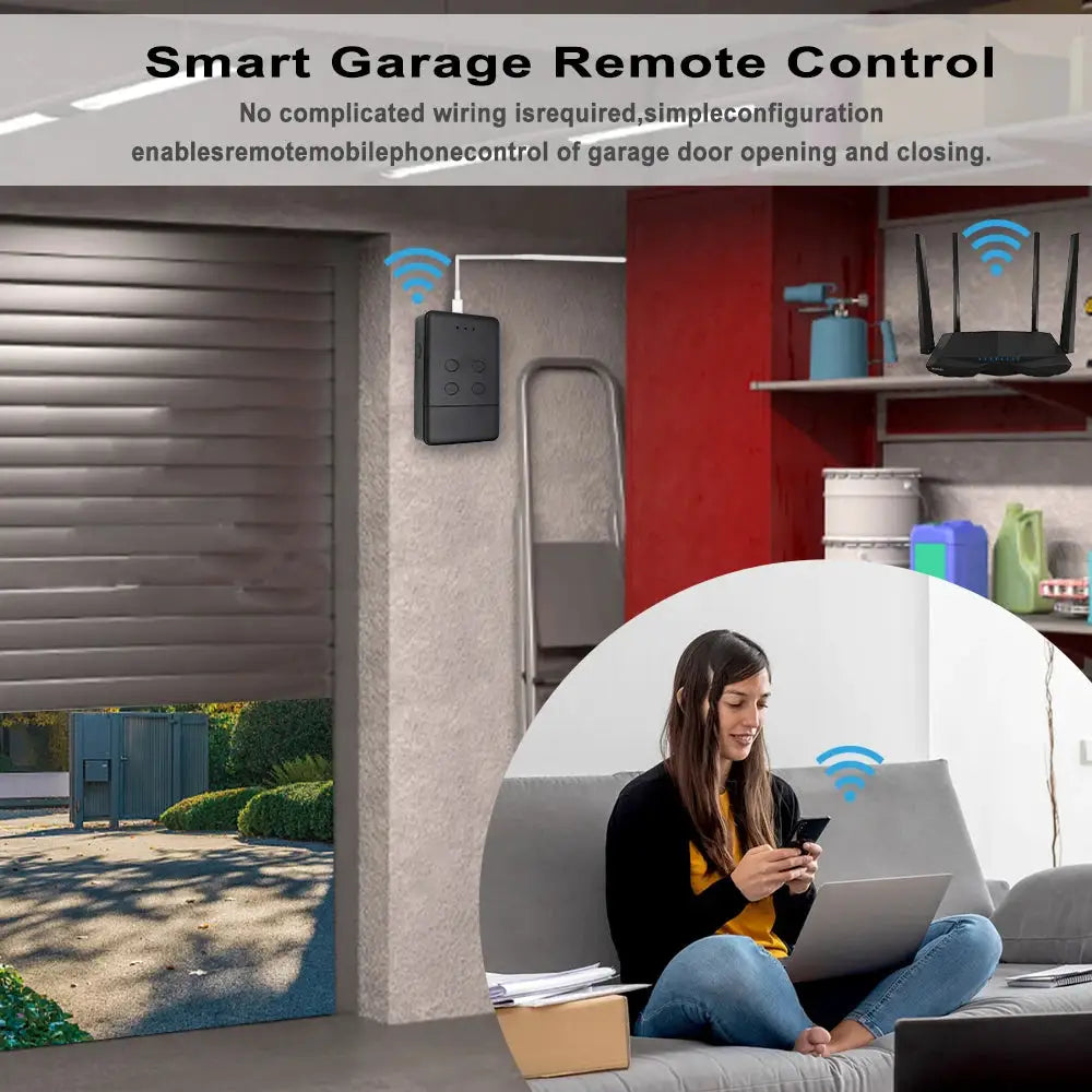 Smart garage door opener with wall-mounted RF controller and 868MHz handheld transmitter, shown with smartphone app use