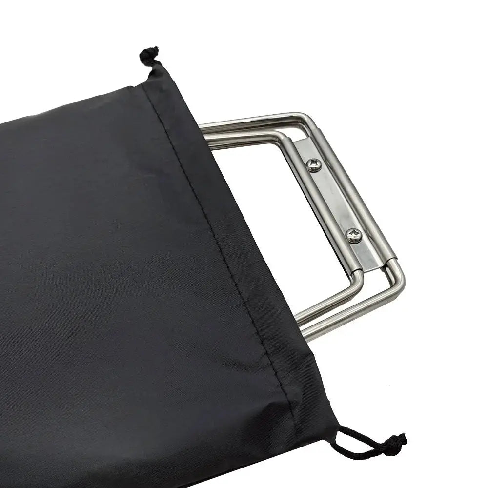Folding cooler stand with metal frame in a black drawstring carry bag, portable for outdoor camping and picnics
