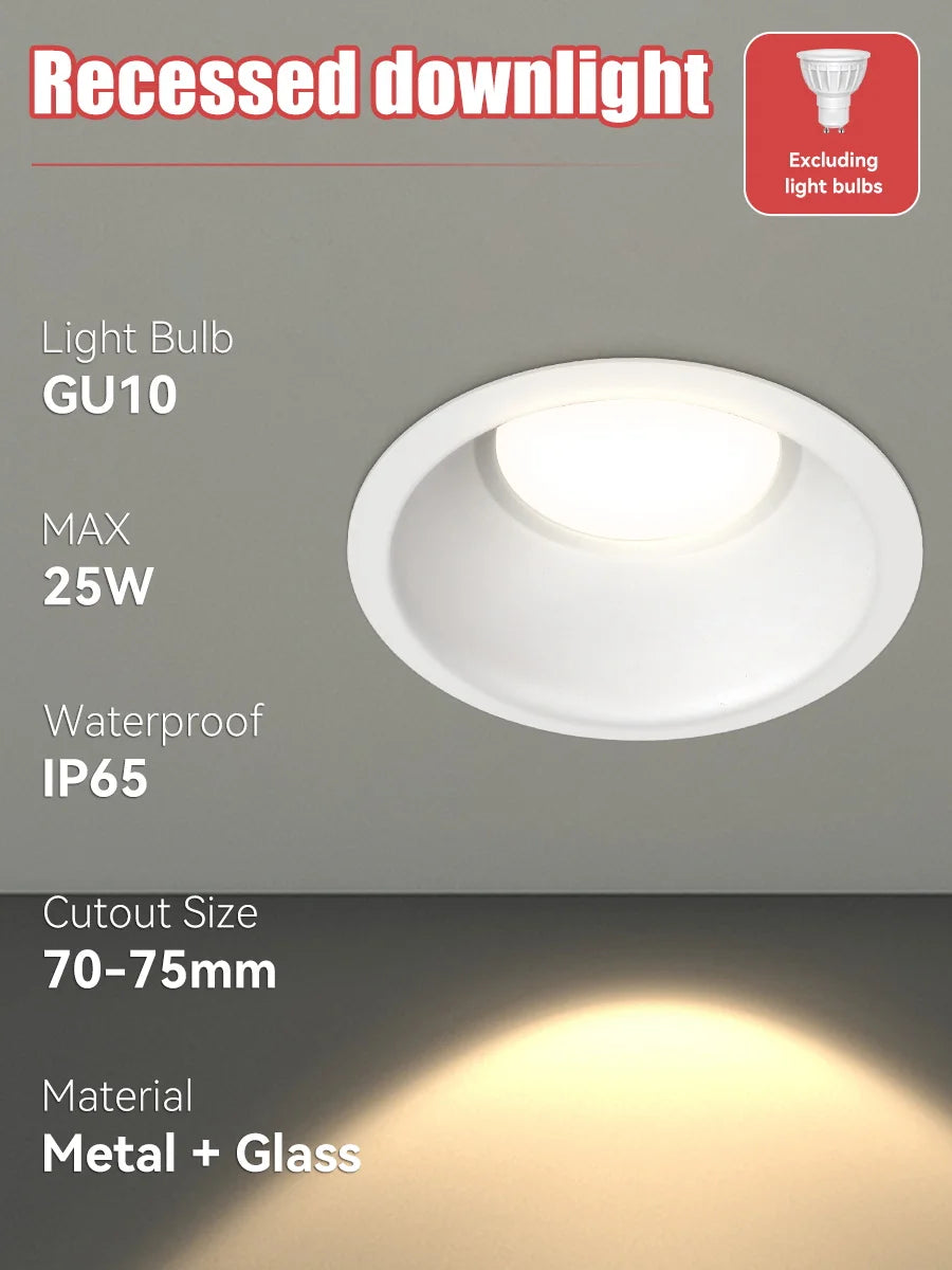 Simples Market replaceable GU10 LED downlight; white recessed LED ceiling lamp, max 25W, IP65, metal + glass.