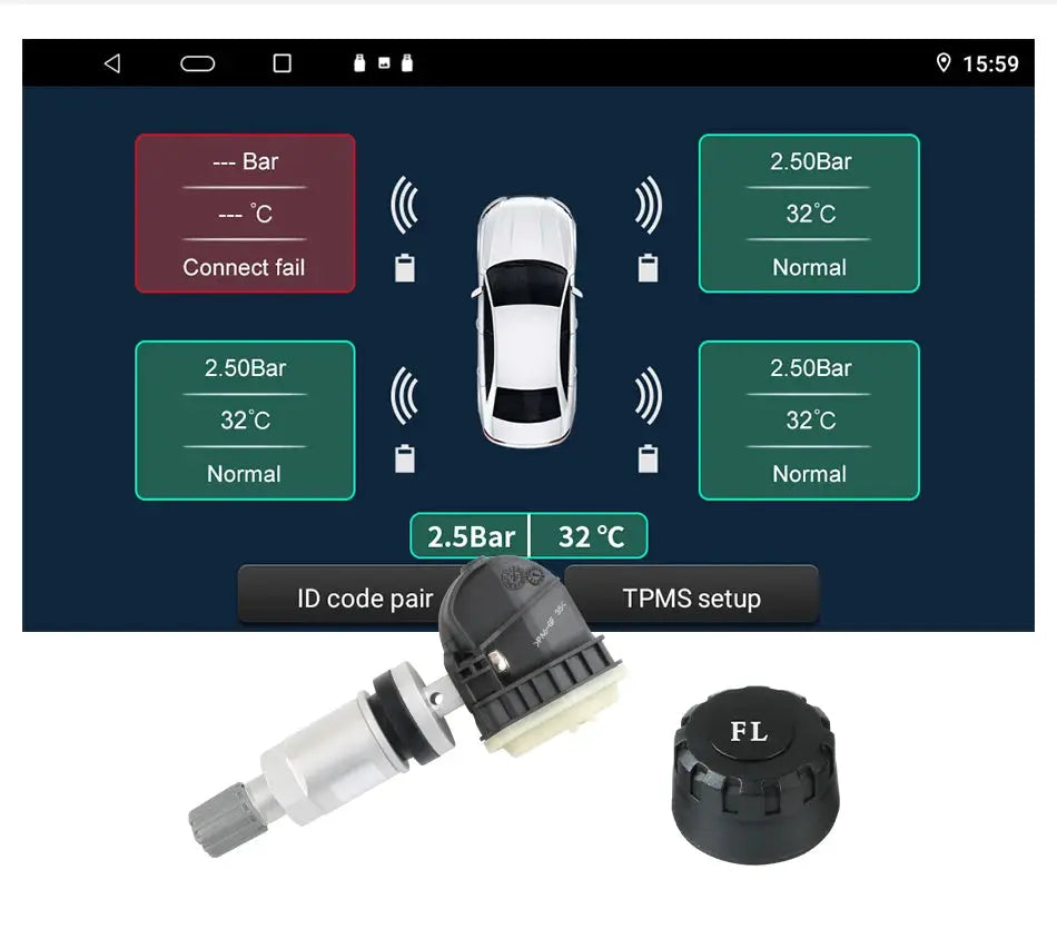 JMCQ USB Android TPMS display with four tire readouts and external sensor components