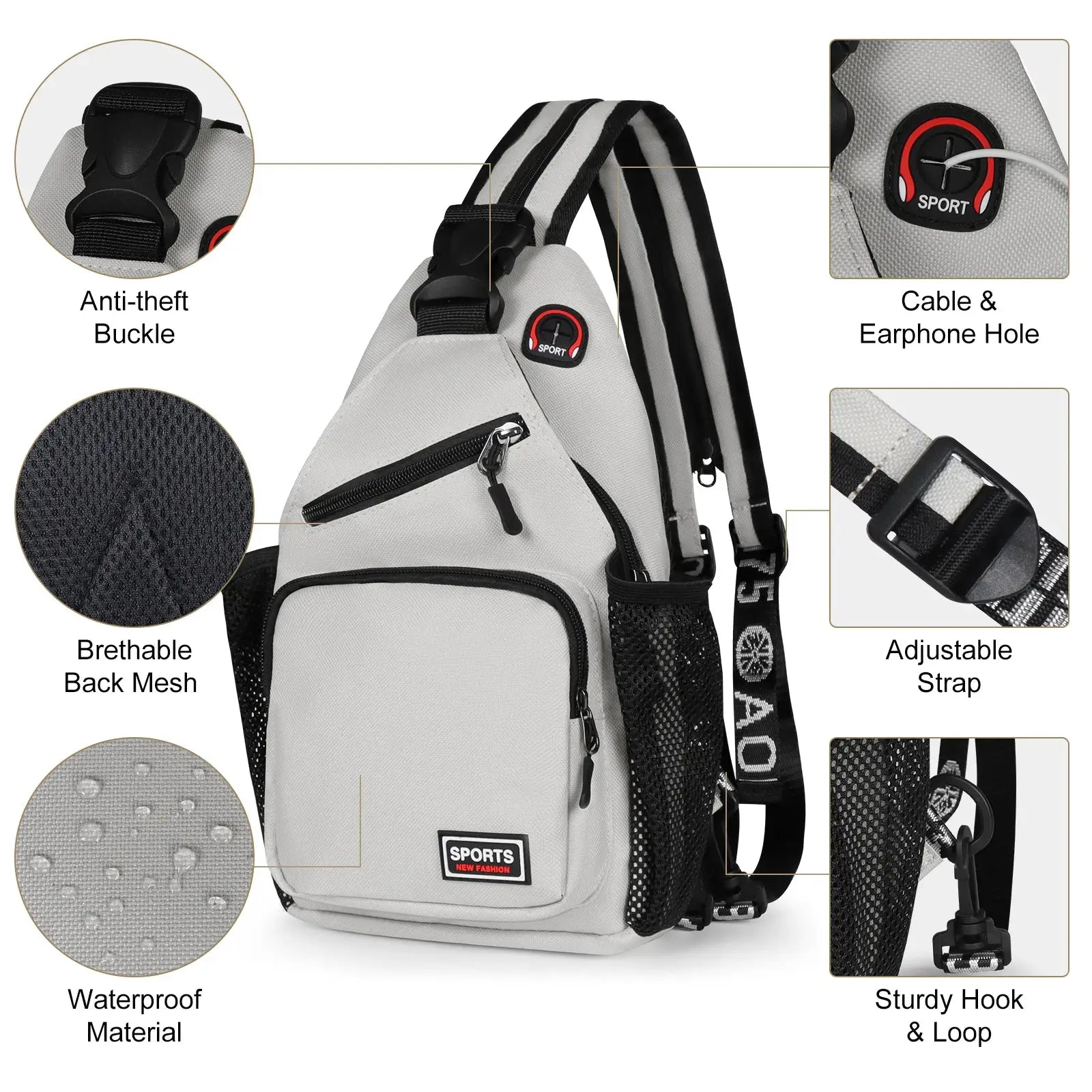 Women chest bag with gray Oxford fabric, adjustable strap and earphone hole