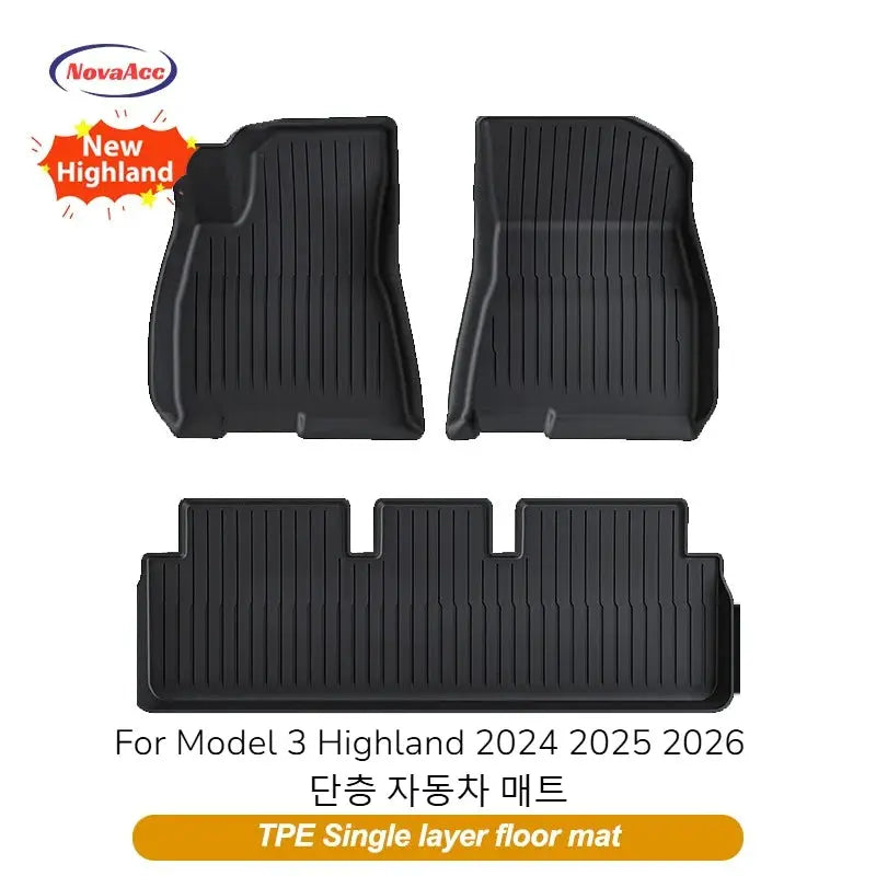 NovaAcc three-piece floor mat set for Tesla Model 3 Highland (2024–2026), black TPE all-weather