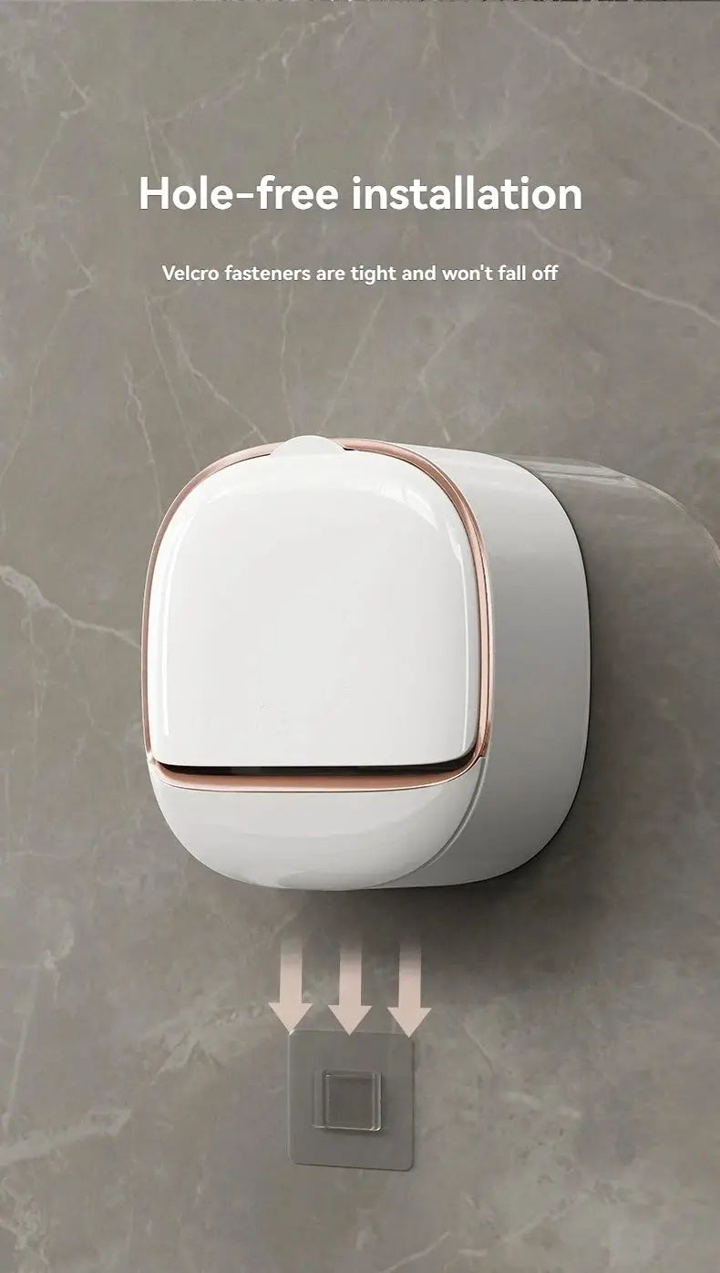 Waterproof hanging soap box with drainage, white finish and rose-gold trim.