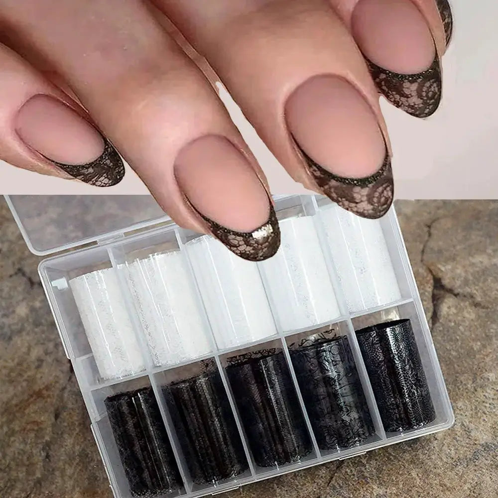 Nail transfer stickers: 10 rolls of black & white lace full-wrap decals by Simples Market for nude nails.