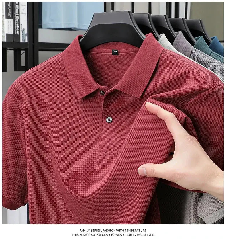 Men's polo shirt - red, 100% cotton, breathable pique knit, silk-like finish, six colors on hangers