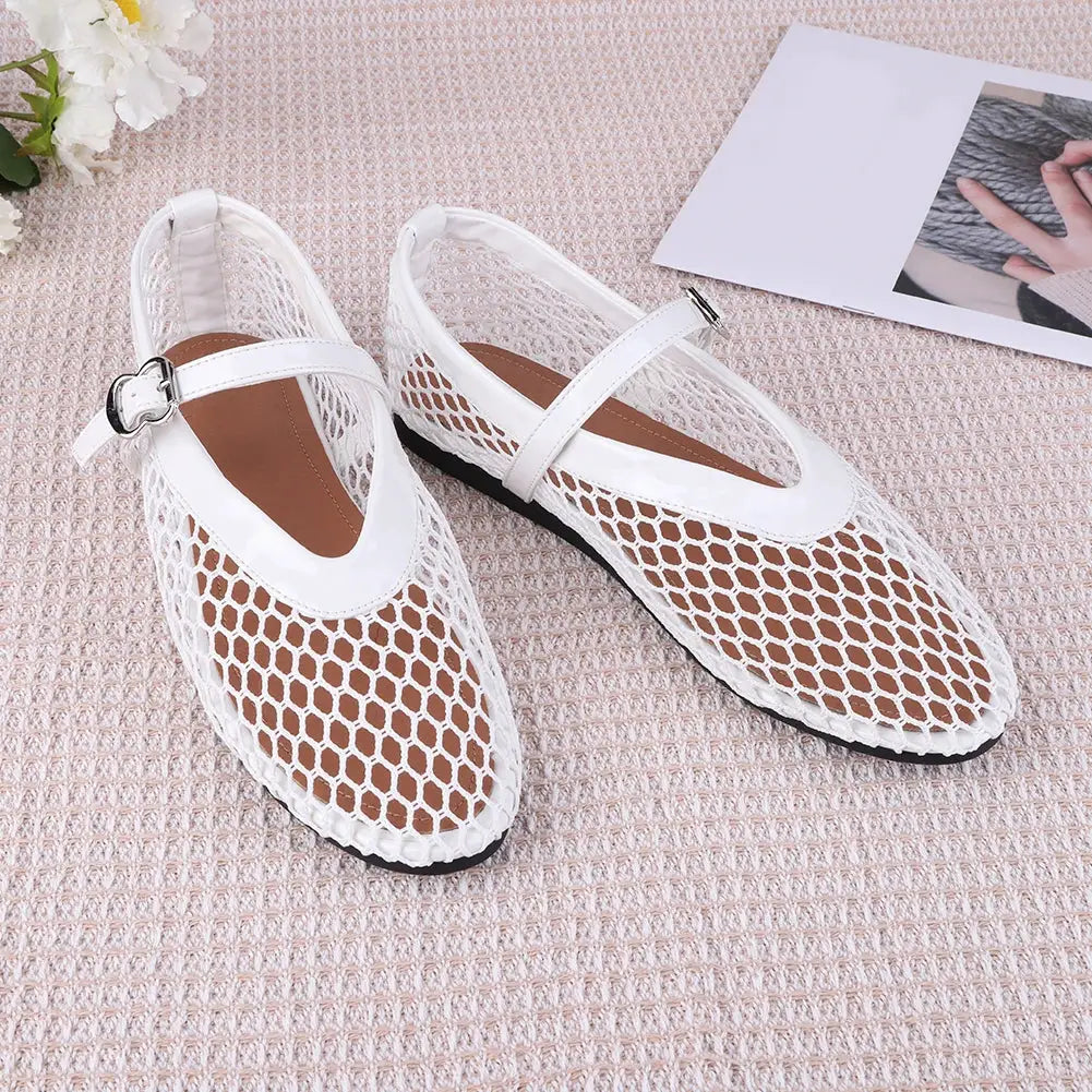 Simples Market white mesh ballet flats slip-on with buckle strap, breathable fishnet upper