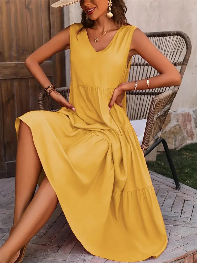 Elegant Summer Dress For Women Loose A Line Midi With V Neck Casual Sophistication In Yellow And Black