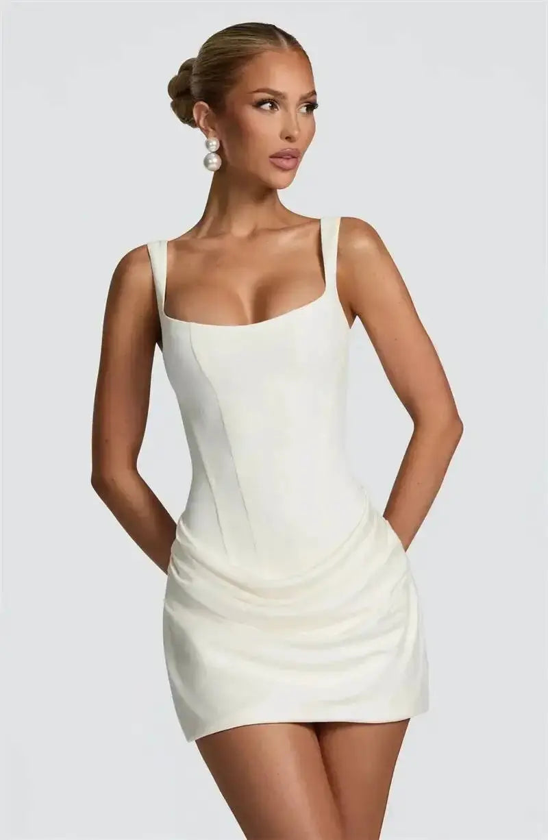 Mozision Backless Ruched Mini Dress With Tapered Straps Square Collar