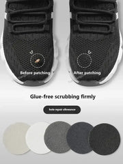 Shoe repair patches for sneakers; black knit uppers with adhesive circular toe patches and color swatches.