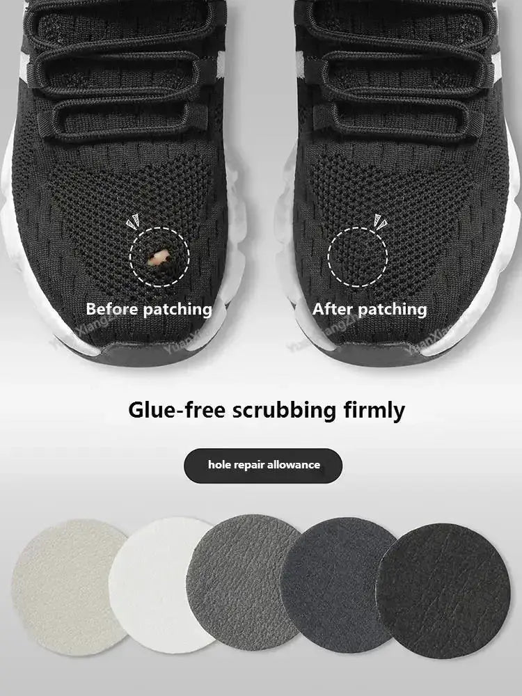 Shoe repair patches for sneakers; black knit uppers with adhesive circular toe patches and color swatches.