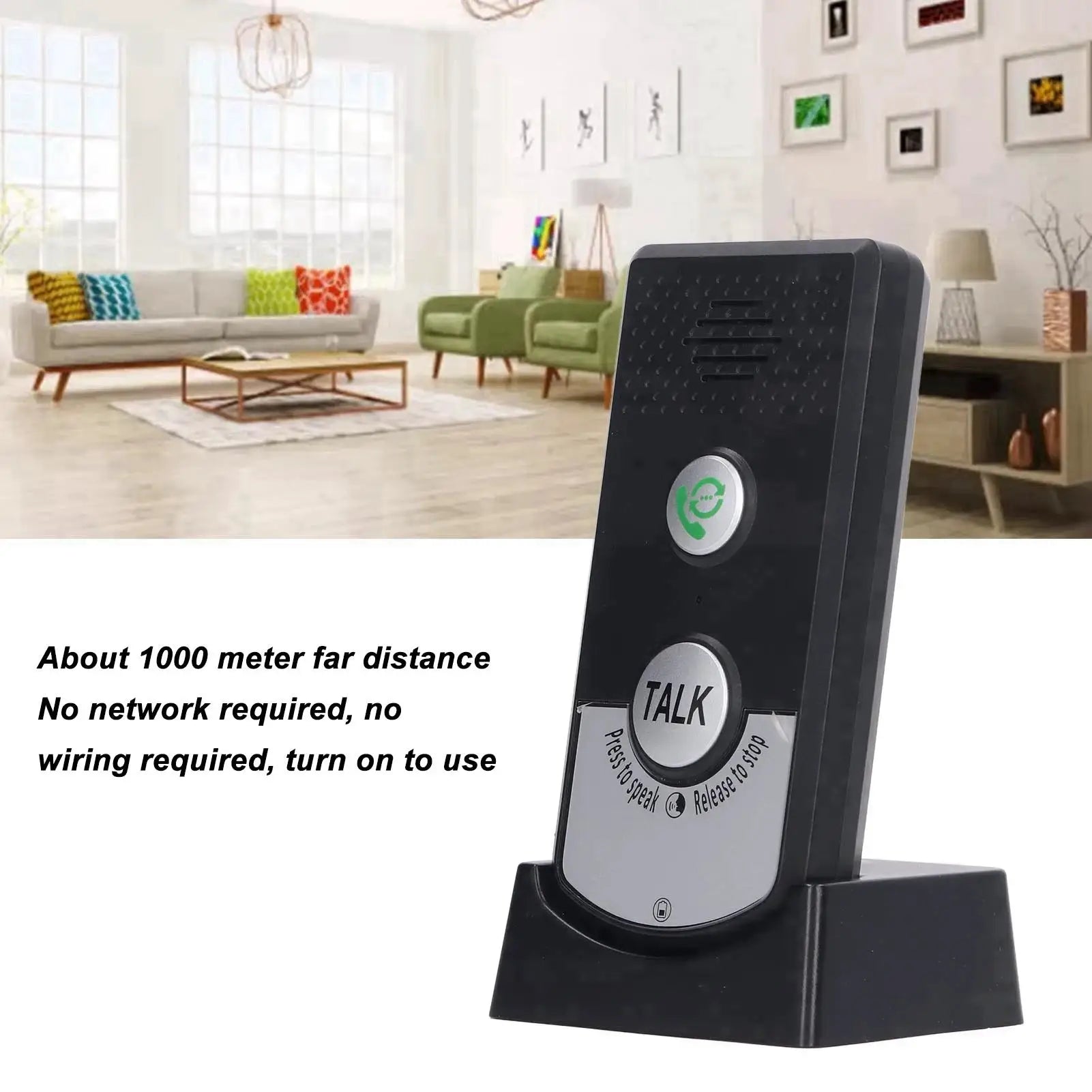 Simples Market 2-Way Wireless Intercom unit in black, shown in a modern living room.