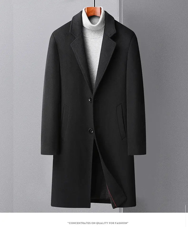Men's black wool long coat on hanger with notch lapels, two-button front and slanted pockets