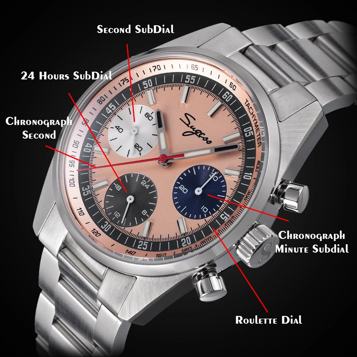 Sugess men's 38mm chronograph watch with pink roulette dial and stainless steel bracelet