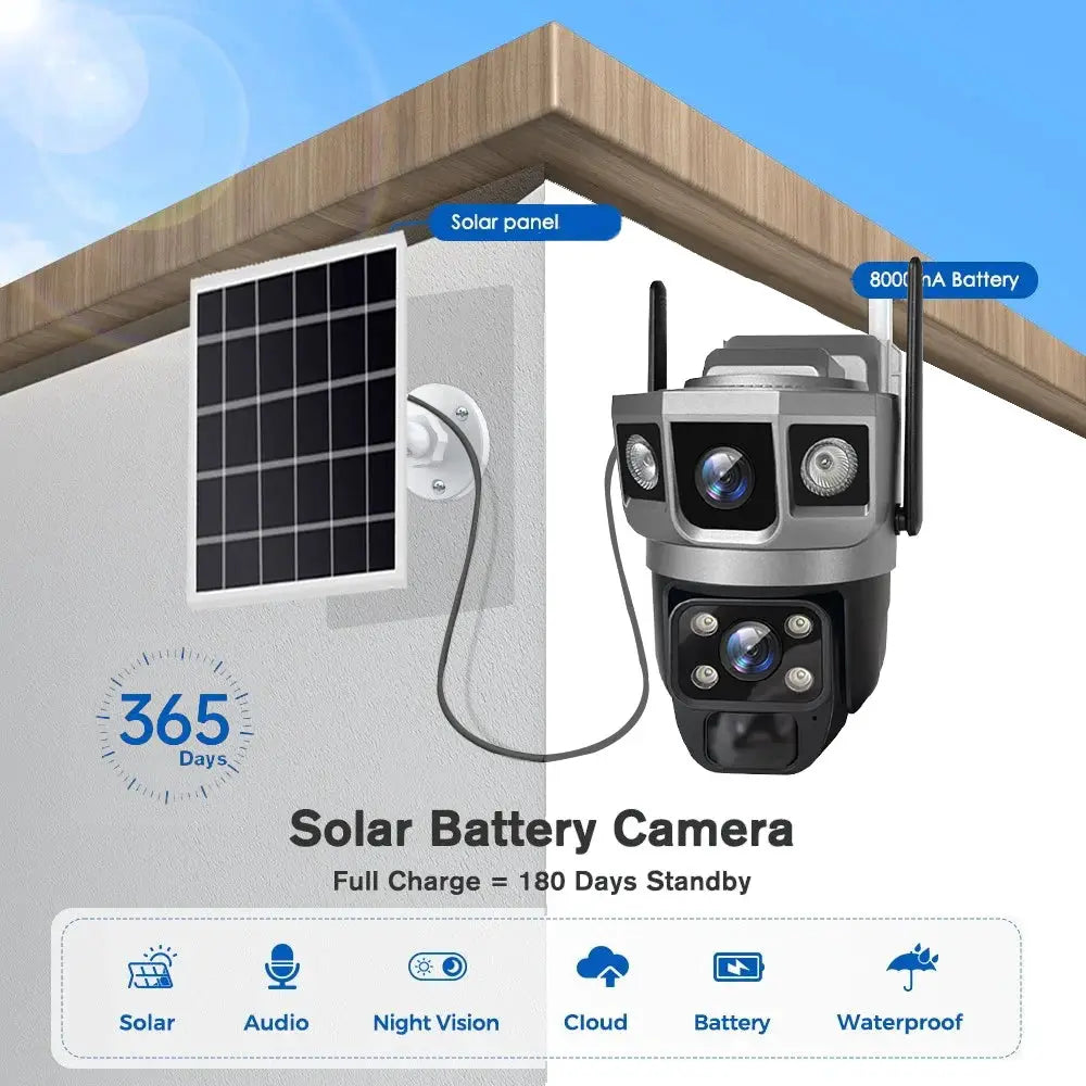 V380 Pro 12MP solar WiFi IP camera with dual lenses for outdoor surveillance