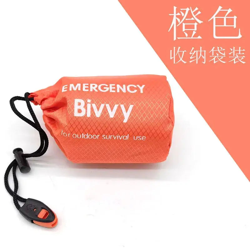 Emergency bivy sack in orange with lightweight, waterproof Mylar survival blanket for camping and hiking.