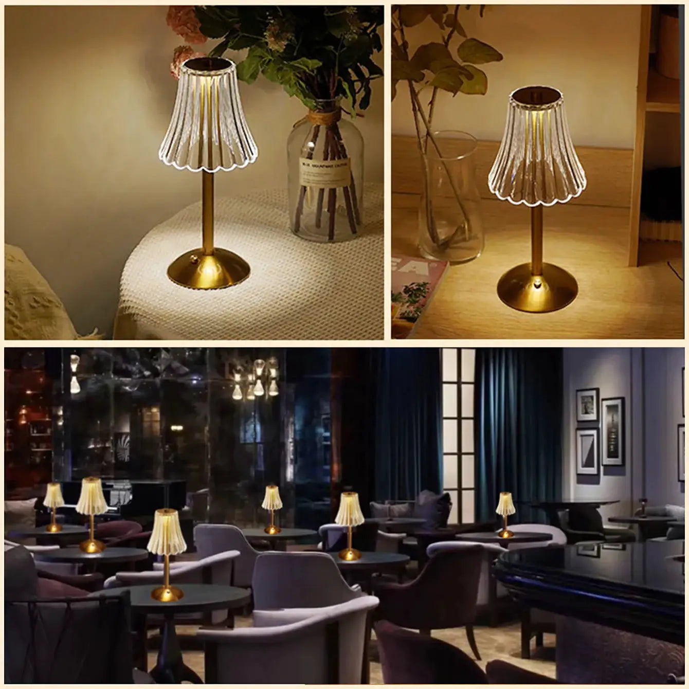 Crystal retro table lamp set by Simples Market; brass bases, cream pleated shades, rechargeable dimmable LED