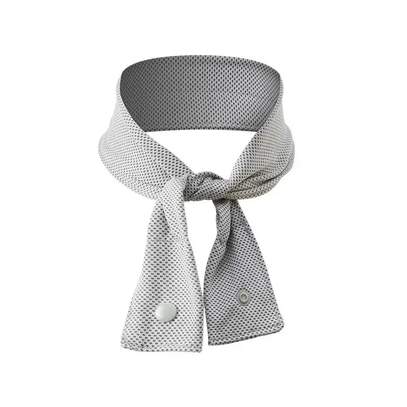 Cooling scarf in light gray with dotted pattern and tie ends, metal snap button