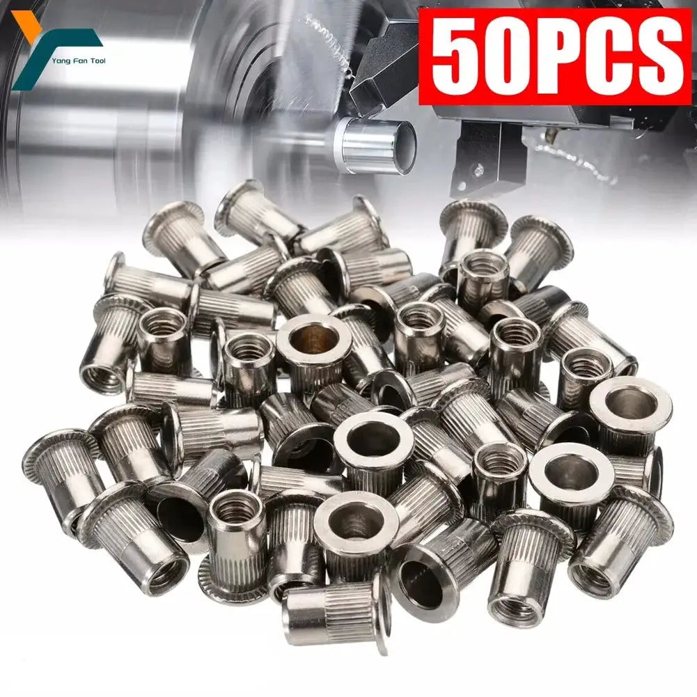 50 Pcs Rivet Nut Kit M3 To M12 304 Stainless Steel Flat Head Rivet Nuts Hand Rivet Nut Gun Head Manual Riveter Tool