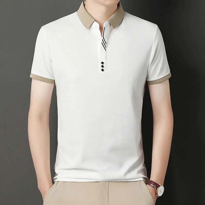 Men's white polo shirt with beige collar and cuffs, short sleeves