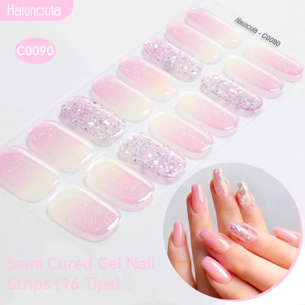 Simples Market Gradient Auroras semi-cured gel nail strips; pink gradient with glitter accents (16 tips)