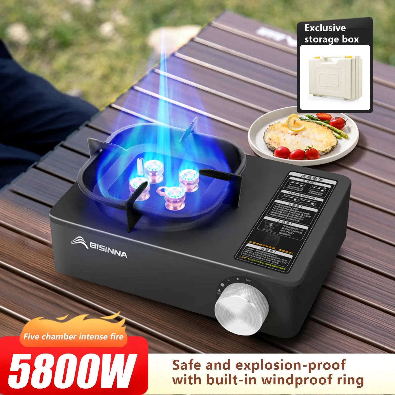 BISINNA camping gas stove 5800W portable cassette burner with blue flames on a wooden deck