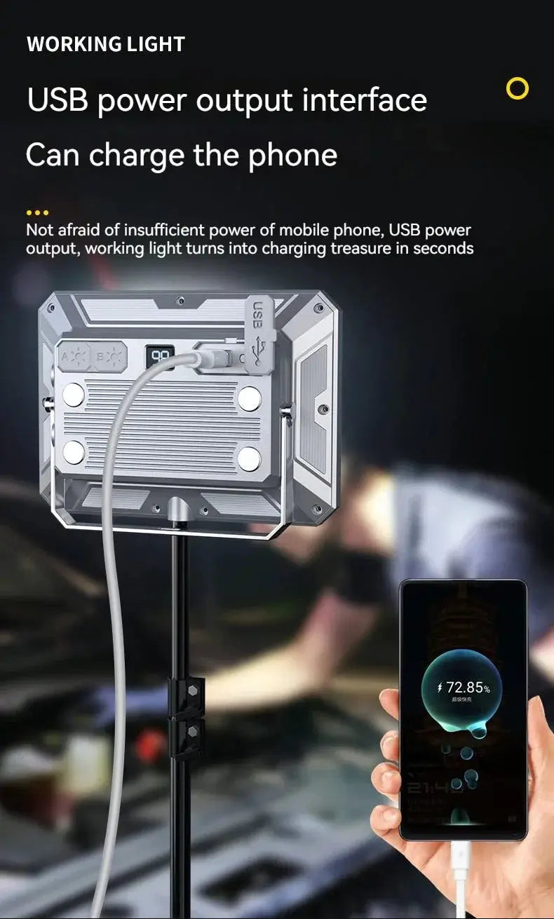 LED camping tent light on tripod stand with USB charging; rechargeable, high-power, waterproof outdoor lantern.